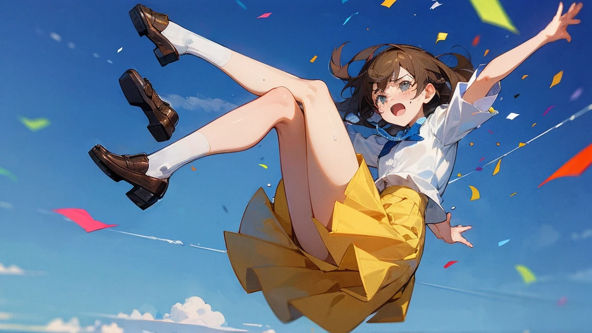 ((Highest quality)), ((masterpiece)), ((Very detailed)),Floatingする***,Angry expression，floating，Floating，Confetti，Brown Hair,tears,Levitating,Blue sky background,Feet in the air,tears,gravity,Long skirt,loafers,Raise both hands