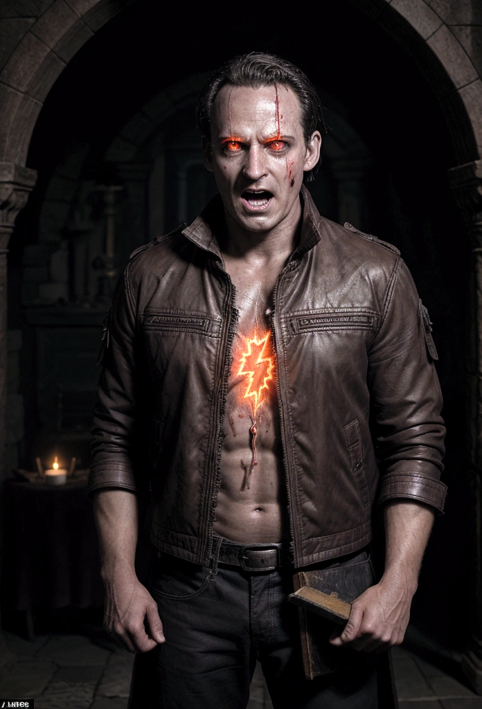 Description: Jack stands in front of the ancient altar, holding an old leather-bound book, its pages open, chanting ancient incantations. His forehead is covered in sweat, his eyes are determined but reveal a hint of fear. A chilling aura surrounds him as the spirit circles around him, its face twisted in a grotesque expression, emitting spine-chilling laughter. The spirit's eyes glow red, its body semi-transparent and constantly shifting. As Jack's chanting grows louder, the symbols on the altar start to emit a brilliant light, gradually drawing the spirit towards it, causing its body to twist and disappear.
Background: Ancient altar at the village center, surrounded by a darkened village, with lightning flashing across the sky. The atmosphere is filled with tension and a sense of impending doom.
Character: Jack, in his 30s, short hair, medium build, wearing a dark outdoor jacket, a camera on his shoulder, with a determined but slightly fearful expression, sweat covering his forehead. The spirit, with a grotesque face, glowing red eyes, a semi-transparent, constantly shifting body, emitting spine-chilling laughter. 16:9