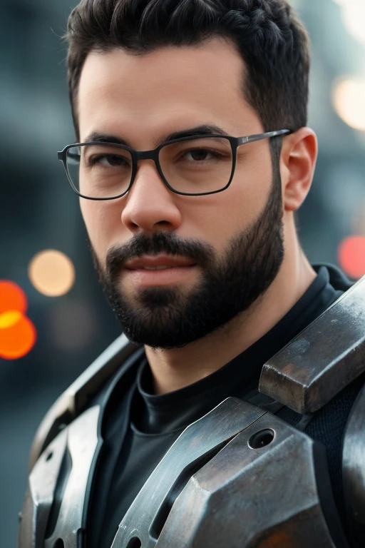 Portrait photo of muscular bearded guy in a worn mech suit, ((light bokeh)), intricate, (steel metal [rust]), elegant, sharp focus, photo by greg rutkowski, soft lighting, vibrant colors, masterpiece, ((streets)), detailed face