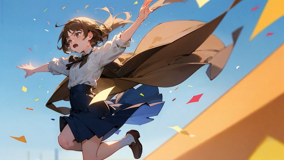 ((Highest quality)), ((masterpiece)), ((Very detailed)),Floatingする女の子,Angry expression，floating，Floating，Confetti，Brown Hair,tears,Levitating,Blue sky background,Feet in the air,tears,gravity,Long skirt,loafers,Raise both hands