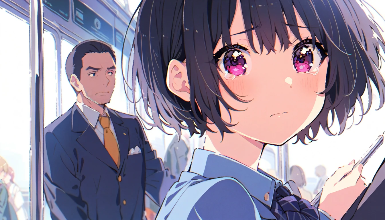 A middle-aged man is touching the buttocks of a crying girl with black bob hair and a blazer uniform who is holding on to the handrail of a train