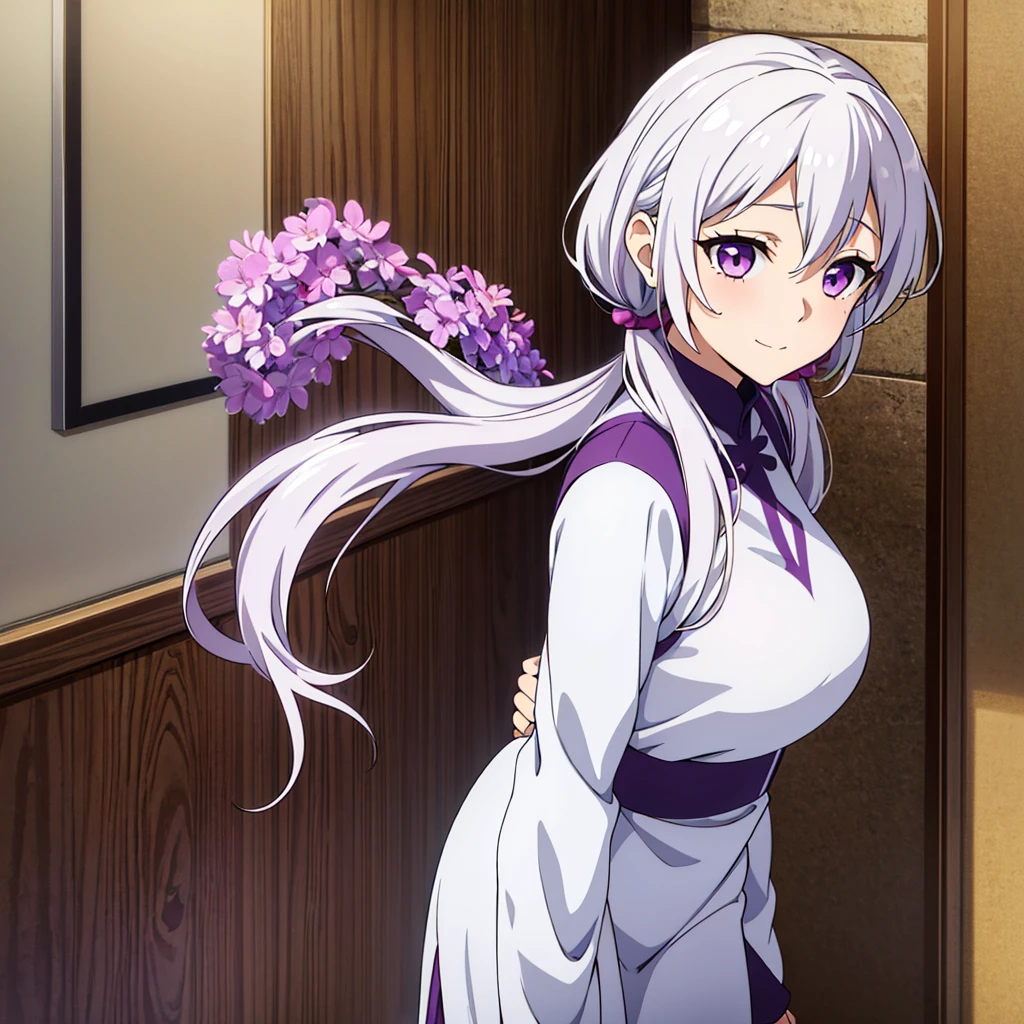 1_girl, solo, best quality, masterpiece, , ,short, huge breasts, white hair,low twintails, purple eyes, yukine chris, thin twintails,  (((shy))), (happy), wearing a white cheongsam, upper body portrait 