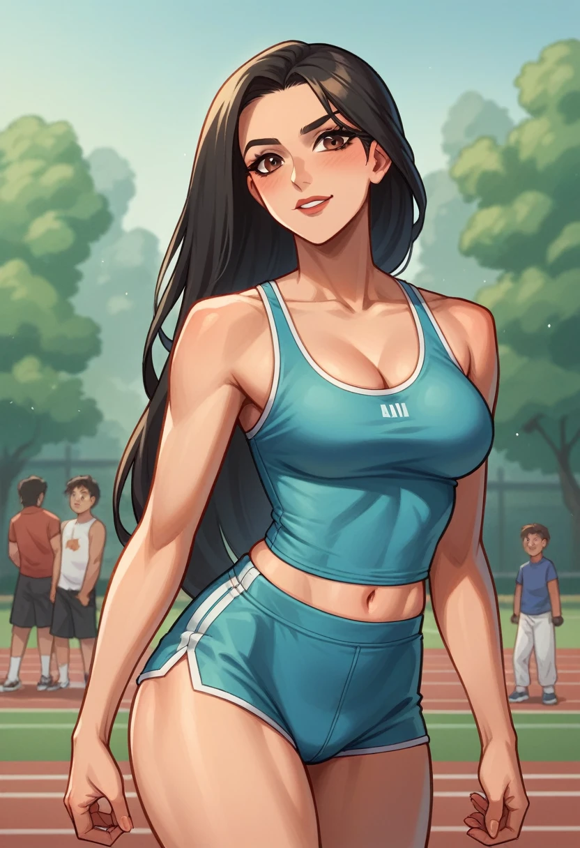Princesse Pocahontas . Brune Amérindienne. Un fond marin, ambiance sombre. . Style realiste. Image détaillée.Create an image of a 22-year-old woman with fair skin, straight black hair, brown eyes, and a friendly expression. She is With gym attire, background gym."
