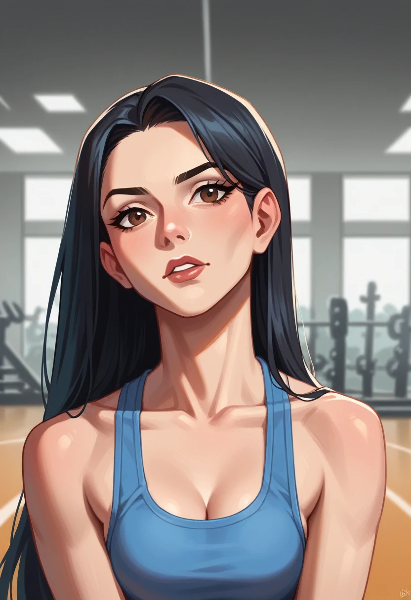 Princesse Pocahontas . Brune Amérindienne. Un fond marin, ambiance sombre. . Style realiste. Image détaillée.Create an image of a 22-year-old woman with fair skin, straight black hair, brown eyes, and a friendly expression. She is With gym attire, background gym."