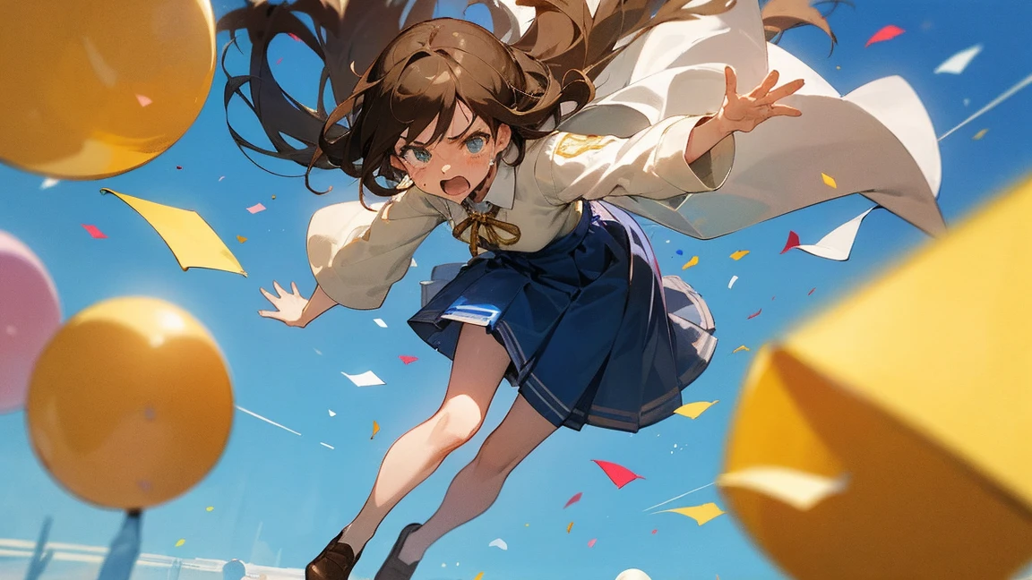 ((Highest quality)), ((masterpiece)), ((Very detailed)),Floatingする女の子,Angry expression,floating,Floating,Confetti,Brown Hair,tears,Levitating,Blue sky background,Feet in the air,tears,gravity,Long skirt,loafers,Raise both hands