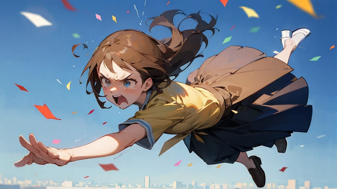 ((Highest quality)), ((masterpiece)), ((Very detailed)),Floatingする女の子,Angry expression,floating,Floating,Confetti,Brown Hair,tears,Levitating,Blue sky background,Feet in the air,tears,gravity,Long skirt,loafers,Raise both hands