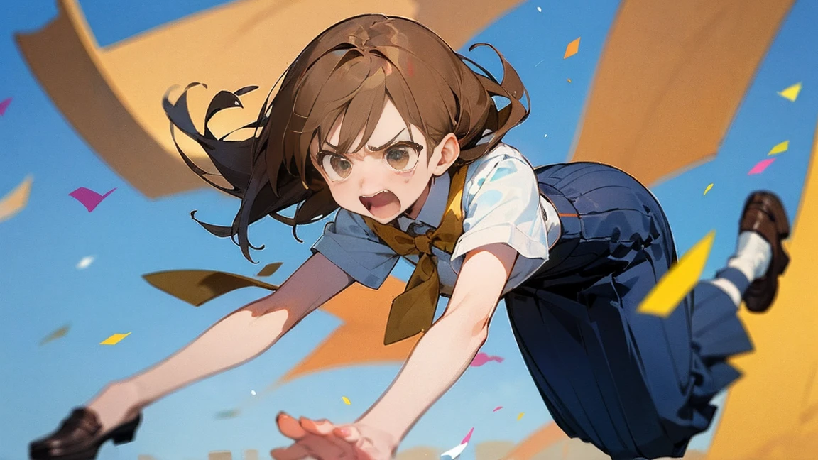((Highest quality)), ((masterpiece)), ((Very detailed)),Floatingする女の子,Angry expression,floating,Floating,Confetti,Brown Hair,tears,Levitating,Blue sky background,Feet in the air,tears,gravity,Long skirt,loafers,Raise both hands