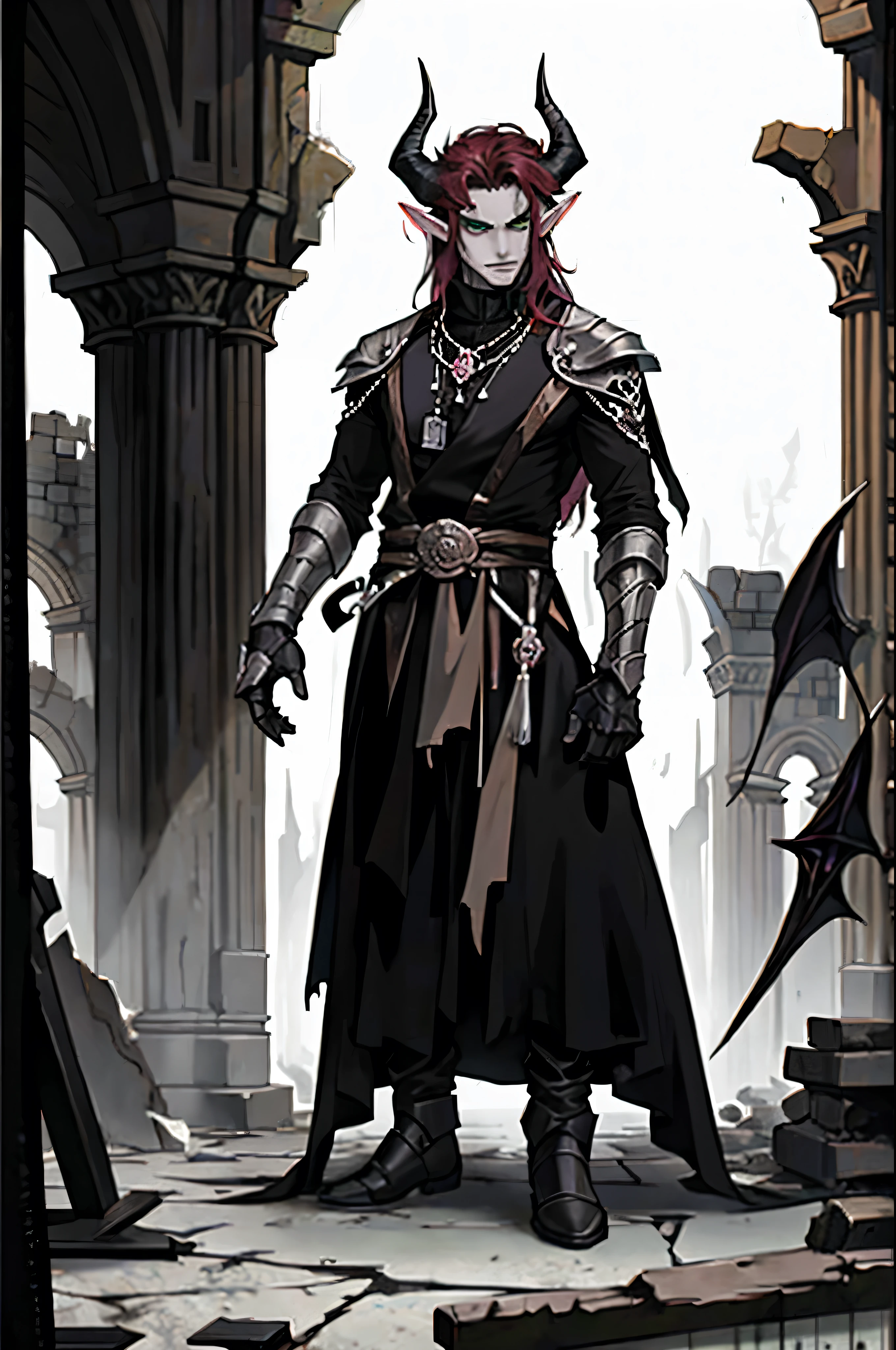 ((Masterpiece, best_quality)) Male elf warrior, alone, kind_expression, long_messy_maroon_hair, black_demon_horns_extend_from_forehead_sweeping_backwards, emerald_eyes, pointy_ears, pale_white_skin_with_heavy_scaring, ebony_steel_breastplate, ebony_steel_pauldrons, ebony_steel_gauntlets, ebony_steel_greaves, dark_environment, ancient_ruins, full_body,