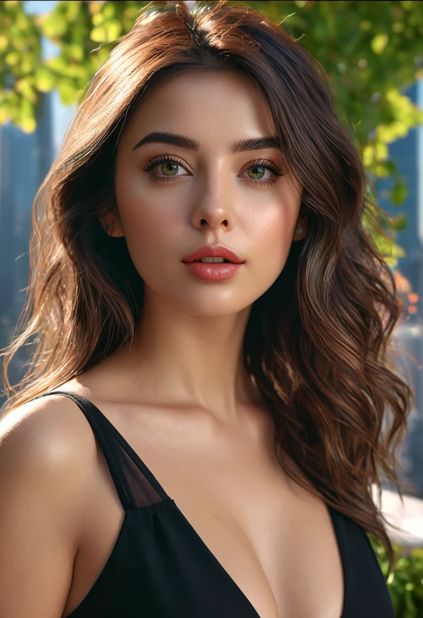 (best quality,realistic:1.37),high-res,ultra-detailed,painting,portrait,vivid colors,warm tones (best quality,4k,8k,highres,masterpiece:1.2),ultra-detailed,(realistic,photorealistic,photo-realistic:1.37),studio lighting,beautiful detailed eyes,beautiful detailed lips,artistic style,a brunette girl,,full body,long hair,confident expression,sophisticated clothing,daytime,bright sunlight,tinted windows,attention to facial features,detailed background scenery,lush green trees,city skyline, wearing sexy black dress, navel clearly visible