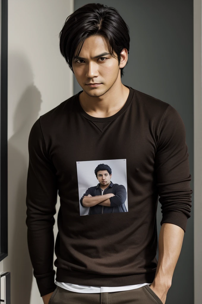 Information paper with a photo in the corner for an investigation case of a 30-year-old boku no hero man, Brown eyes, black hair with brown highlights, wearing a casual manner and with a serious expression between evil and calm