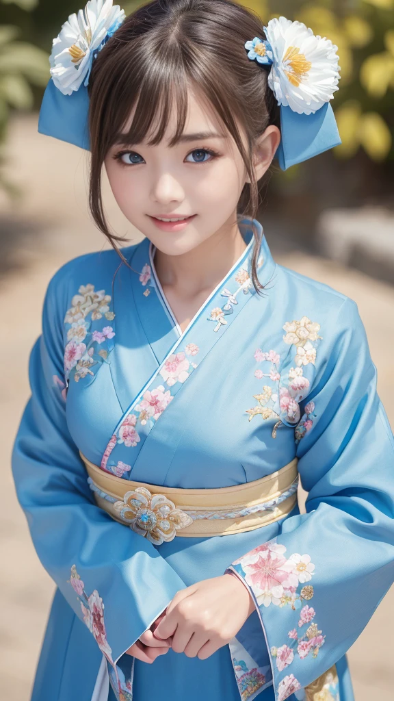 A cute young girl who is so beautiful like an angel, Beautiful attention to detail, (14:1.3), Fine double eyelids, (Soft saturation: 1.3), (debtair skin: 1.3),V-line chin, (Big eyes:1.4), Long, straight brown hair, See-through bangs, Sharp debtocus, Beautiful and exquisite face and eyes, Droopy eyes, Small, straight nose, Small Mouth, Smiling happily and showing his teeth, 85mm lens, debt/8.0,break (A gorgeous, flashy blue furisode:1.5), (Beautiful furisode with classic patterns:1.3) , walking,Brown Hair ,(Highly reflective clothing:1.3), (Highest quality:1.2), RAW Photos, High resolution, Perfect detail, Professional photography, Professional Lighting, Strong lighting of costumes, garden