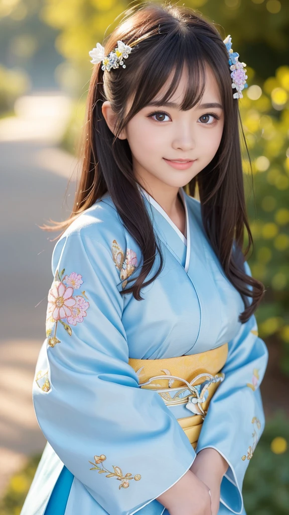 A cute young girl who is so beautiful like an angel, Beautiful attention to detail, (14:1.3), Fine double eyelids, (Soft saturation: 1.3), (debtair skin: 1.3),V-line chin, (Big eyes:1.4), Long, straight brown hair, See-through bangs, Sharp debtocus, Beautiful and exquisite face and eyes, Droopy eyes, Small, straight nose, Small Mouth, Smiling happily and showing his teeth, 85mm lens, debt/8.0,break (A gorgeous, flashy blue furisode:1.5), (Beautiful furisode with classic patterns:1.3) , walking,Brown Hair ,(Highly reflective clothing:1.3), (Highest quality:1.2), RAW Photos, High resolution, Perfect detail, Professional photography, Professional Lighting, Strong lighting of costumes, garden
