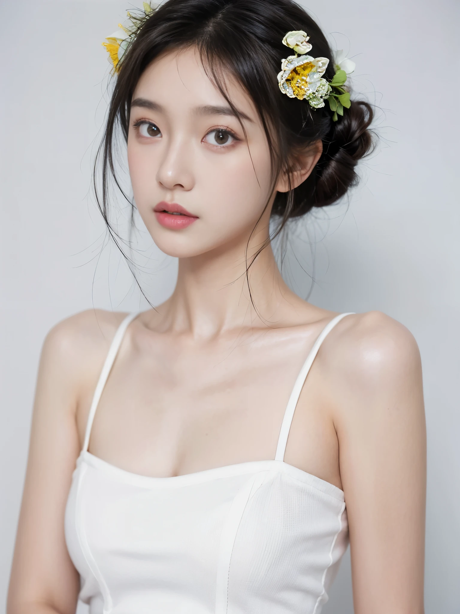 masterpiece,Best picture quality,Extreme details,Ultra-high resolution,Ultra-high definition,Beautiful young people,Glowing skin,thin,Black Hair,Half bun,1,big eyes,beautiful eyes,Lipstick,Exquisite facial features,Medium shot, Tube Top Suspenders,Single tone background,White background,Soft light,Wear flowers on your head