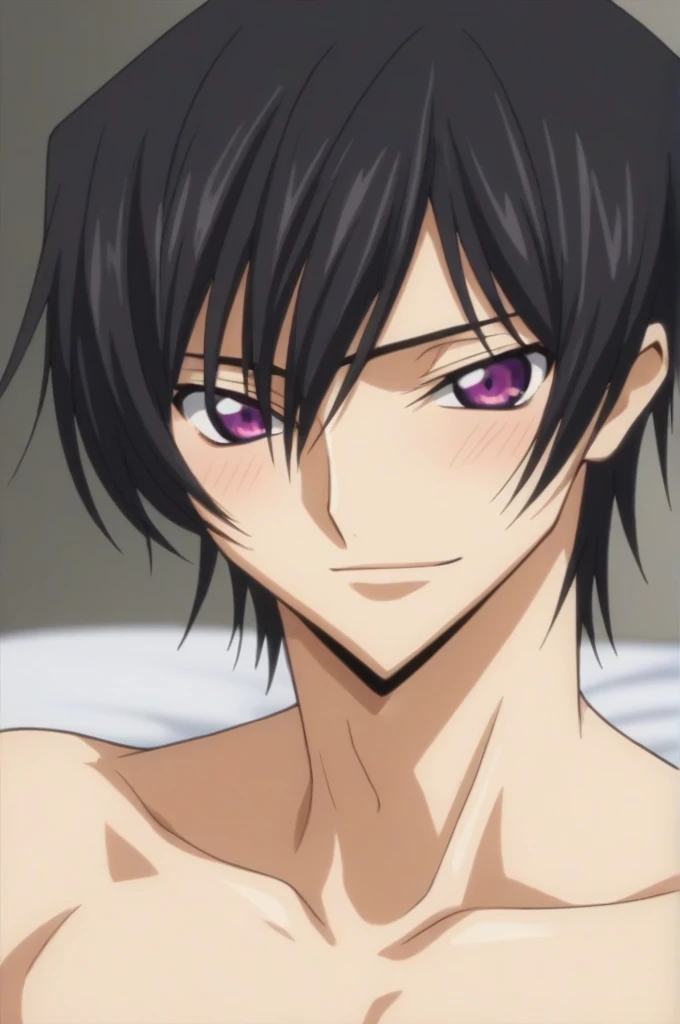 score_9, score_8_up, score_7_up, source_anime, rating_safe, intricate details, anime screencap, , , looking at viewer, depth of field, 1boy, solo, male focus, lelouch_lamperouge, black hair, purple eyes, hair between eyes, bangs, , , upper body, pyramid, light, twisted torso, smile, blush, cute, naked, bed room, night,