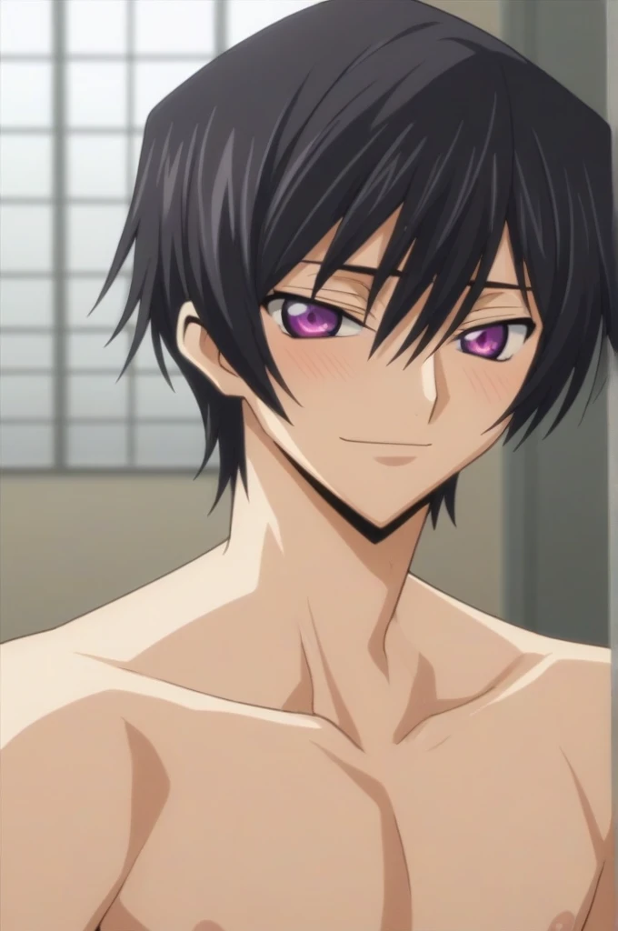 score_9, score_8_up, score_7_up, source_anime, rating_safe, intricate details, anime screencap, , , looking at viewer, depth of field, 1boy, solo, male focus, lelouch_lamperouge, black hair, purple eyes, hair between eyes, bangs, , , upper body, pyramid, light, twisted torso, smile, blush, cute, naked, bed room, night,
