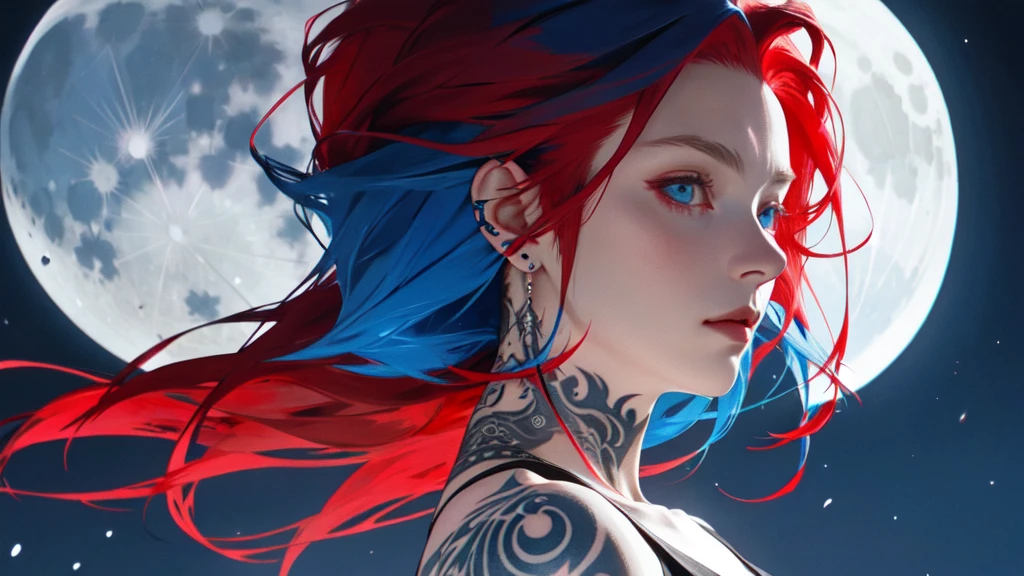 red and blue haired woman, stark, with tattoo, portrait blue night sky background with moon