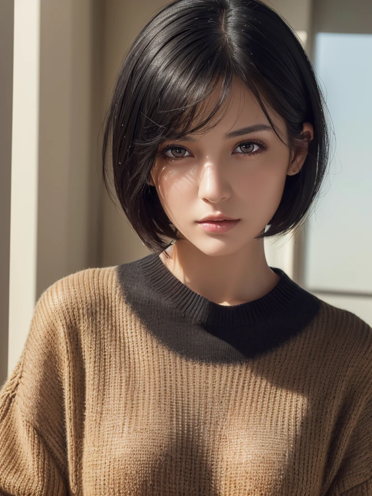 (masterpiece:1.3), (8k, photorealistic, RAW photo, best quality: 1.4), (1girl), beautiful face, (realistic face), (black hair, short hair:1.3), beautiful hairstyle, realistic eyes, beautiful detailed eyes, (realistic skin), beautiful skin, (sweater), absurdres, attractive, ultra high res, ultra realistic, highly detailed, golden ratio, topless