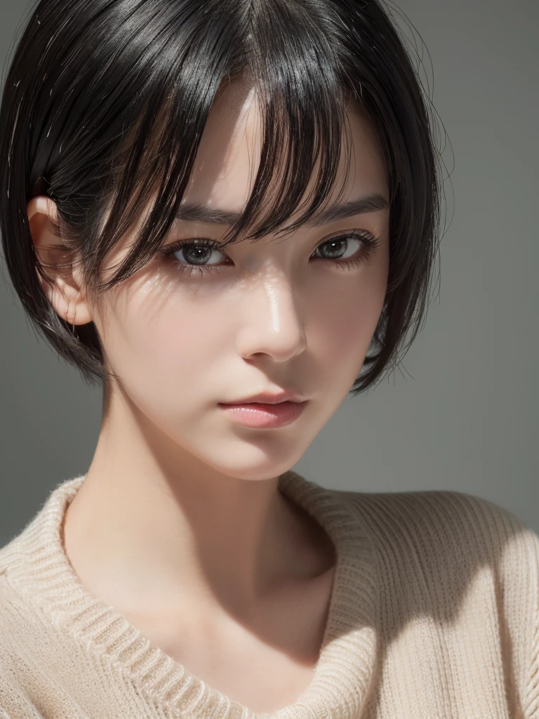 (masterpiece:1.3), (8k, photorealistic, RAW photo, best quality: 1.4), (1girl), beautiful face, (realistic face), (black hair, short hair:1.3), beautiful hairstyle, realistic eyes, beautiful detailed eyes, (realistic skin), beautiful skin, (sweater), absurdres, attractive, ultra high res, ultra realistic, highly detailed, golden ratio, topless