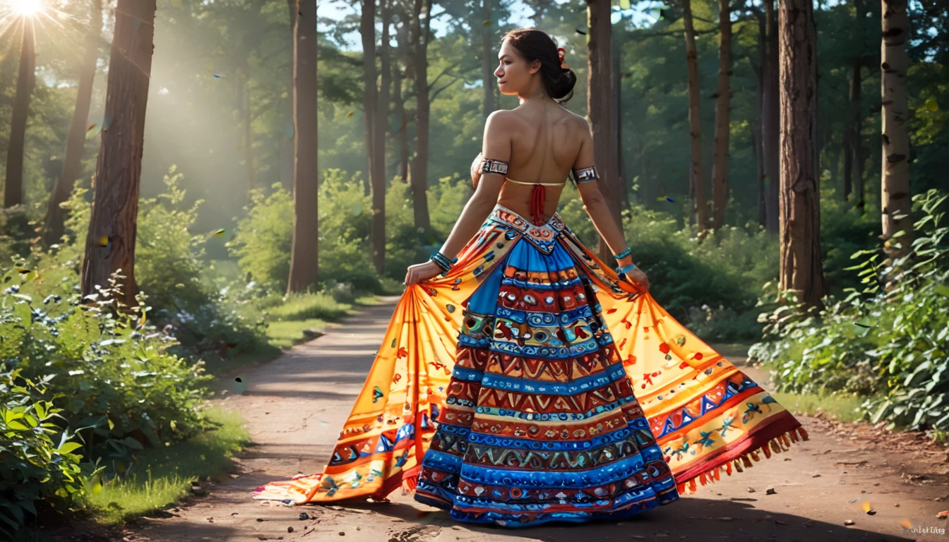 ((masterpiece)), ((best quality)), ((highres)), ((extremely detailed)), ((long shot, back view)), 1 girl as Pocahontas costume, full body, Beautiful Native American woman, mature woman, Big breast, (super realistic), (peerless beauty), detailed skin texture, detailed cloth texture, beautiful detailed face, intricate details, ultra detailed, indigenes feather jewelry, feather headdress, traditional handmade dress, (((riding on a massive Belgian draft horse))), (((road in the middle of the forest))), ultra realistic, concept art, elegant, ((intricate)), ((highly detailed)), depth of field, ((professionally color graded)), soft ambient lighting, dusk, (Best quality, A high resolution, Photorealistic, primitive, 8K,Masterpiece, ),Best quality, Masterpiec8K.hdr. High ribs:1.2, filmgrain, Blur bokeh:1.2, Lens flare, (vivd colour:1.2), (Delicate),