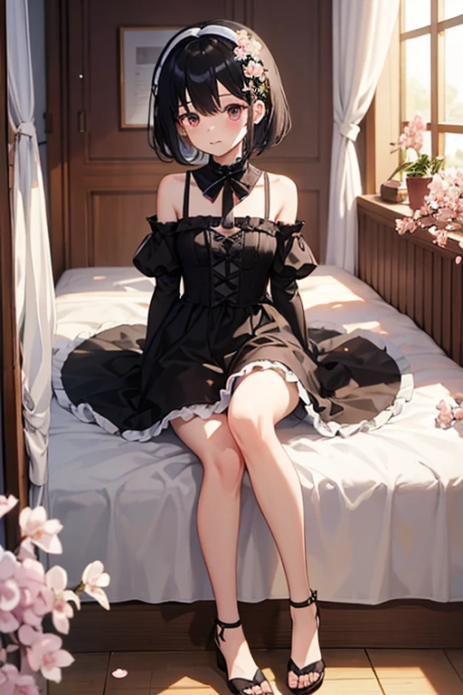 Highest quality、Black Hair、Iris、Short Hair、Girl、cute、16 years old、black goth loli dress、There are a lot of frills、A little embarrassing、Embarrassed、、Small breasts、Small cherry blossom hair clip、room