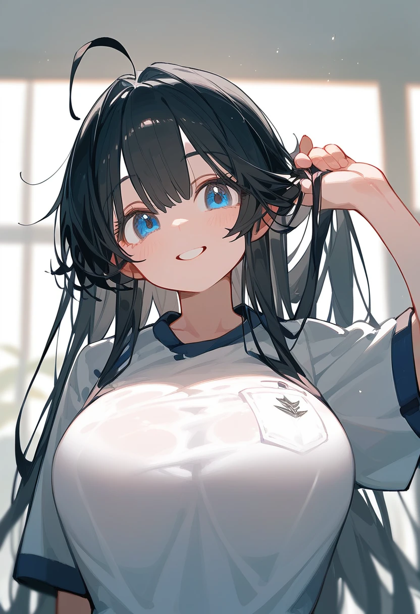 One Girl、Big Breasts、Black Hair、Long Hair、Straight Hair、Ahoge、high school student、smile、Dark blue eyes、Big eyes、Shirts and student uniforms、Background School