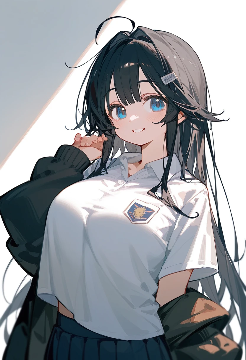 One Girl、Big Breasts、Black Hair、Long Hair、Straight Hair、Ahoge、high school student、smile、Dark blue eyes、Big eyes、Shirts and student uniforms、Background School