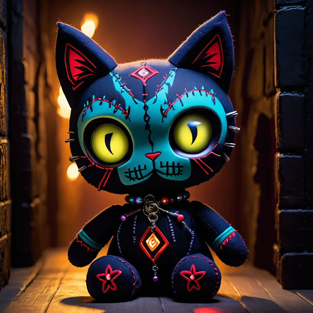 (knitted toy voodoo doll:1.9), (Voodoo Cat Phantom of Shadows:1.3), (Clothing: shadowy cloak with flickering patterns:1.0), (Accessories: enchanted shadow orb emitting darkness, levitating spectral claws:1.1), (background: dark alley with glowing eyes, flickering shadows, and spectral mists:1.2), best quality, masterpiece, detailed soft oil painting, detailed background, dramatic cinematic lighting, soft edge lighting, professional, dramatic lighting, hard edge lighting, ultra quality, 4k, masterpiece, best quality, 8k, ultra high definition, high resolution, extremely detailed