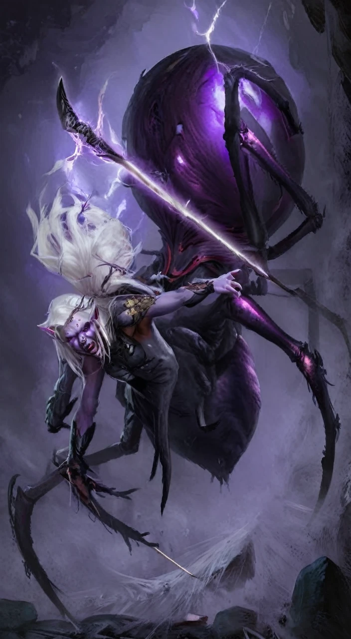 closeup, portrait, fantasy arachnid girl, detailed face, concept art, digital art, realistic, closeup, solo, warrior, arachnid, angry, evil, monster face, creature face, character focus, White hair, purple skin, long hair,spear,crystal, combat stance, attacking, fearsome