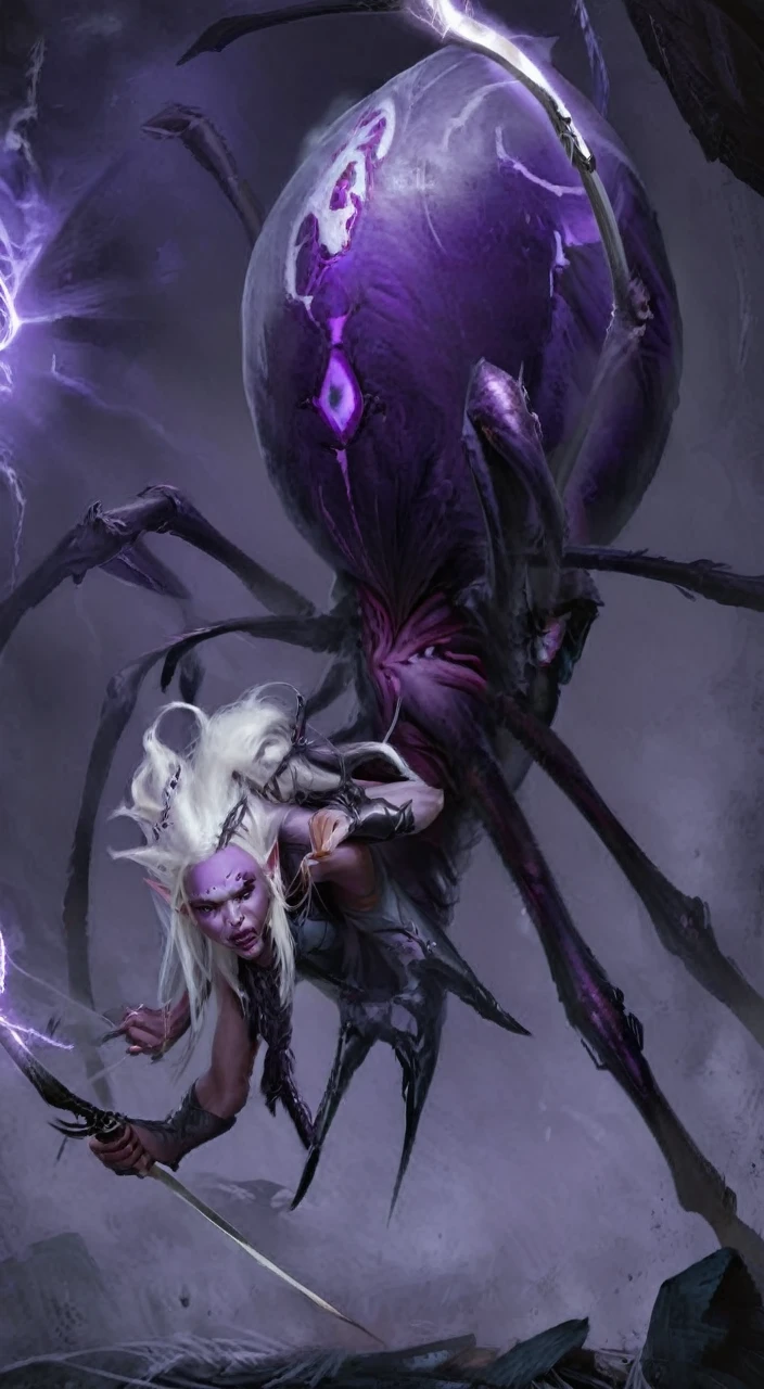 closeup, portrait, fantasy arachnid girl, detailed face, concept art, digital art, realistic, closeup, solo, warrior, arachnid, angry, evil, monster face, creature face, character focus, White hair, purple skin, long hair,spear,crystal, combat stance, attacking, fearsome