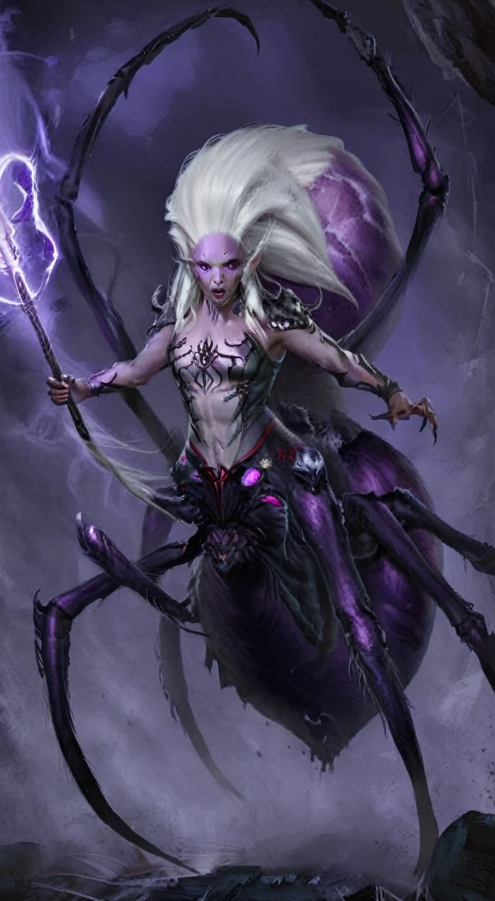 closeup, portrait, fantasy arachnid girl, detailed face, concept art, digital art, realistic, closeup, solo, warrior, arachnid, angry, evil, monster face, creature face, character focus, White hair, purple skin, long hair,spear,crystal, combat stance, attacking, fearsome