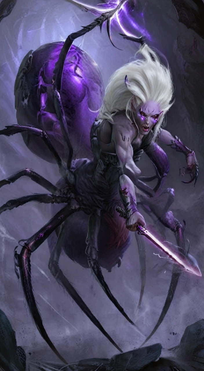 closeup, portrait, fantasy arachnid girl, detailed face, concept art, digital art, realistic, closeup, solo, warrior, arachnid, angry, evil, monster face, creature face, character focus, White hair, purple skin, long hair,spear,crystal, combat stance, attacking, fearsome