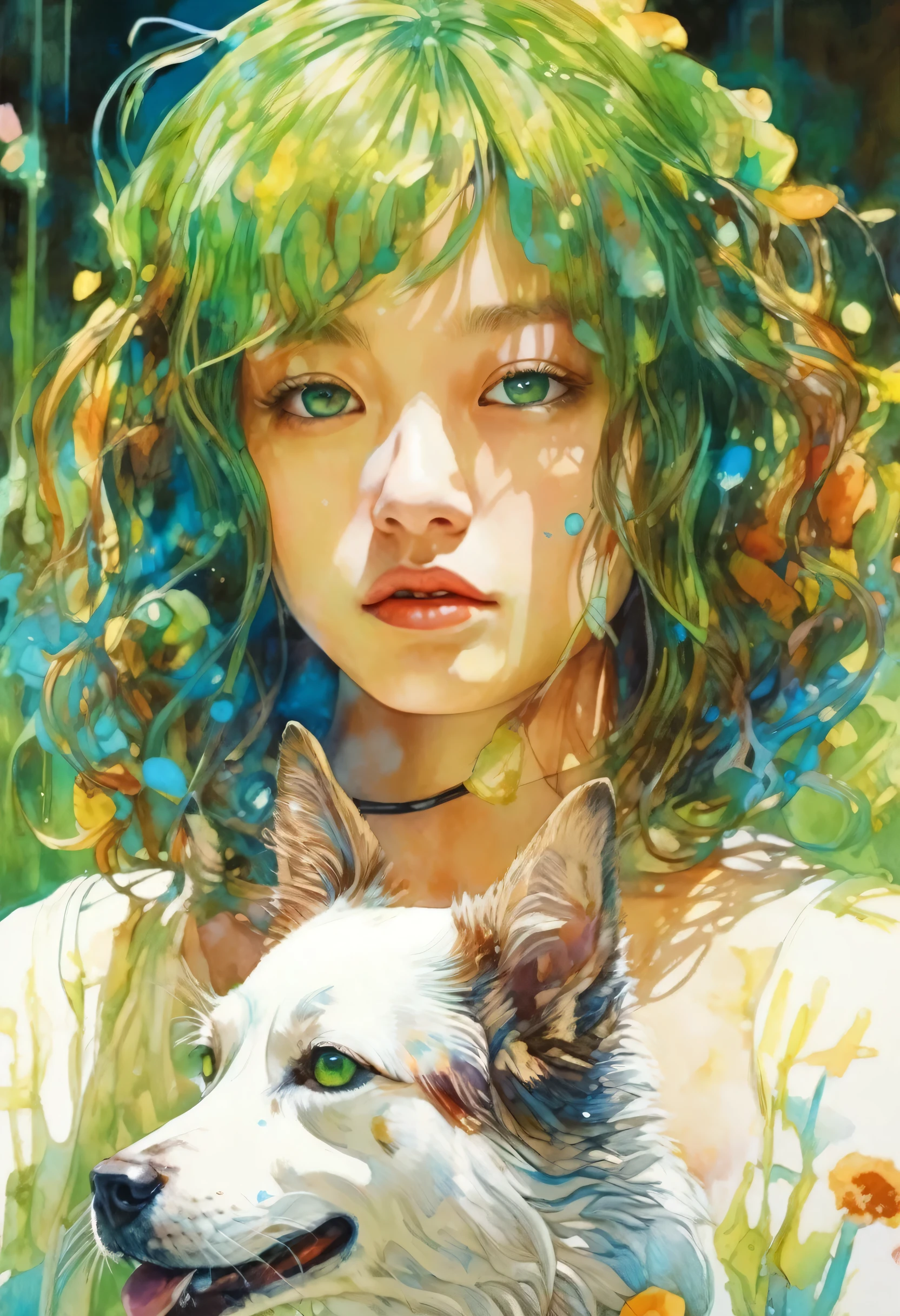 artwork:Katsuya Terada
8k, High resolution, A complex and intricate masterpiece, (Summer vacation:1.2), (Dog and Girl:1.1), transparent, Sparkling blue eyes, Dog and brown eyeball, Medium Shot, Green Hair, Organic Shapes, Hard Edge, Anatomically correct body,  Ultra-realistic, Dog elegant,Cinema Lighting, Very detailed, Vibrant colors, Octane Rendered Cat, Surreal atmosphere, Award-winning works, Bright and rich colors, iridescent accents, Dramatic Shadows,Dynamic and atmospheric lighting, Anamorphic Lens, Sharp focus, 
An intricate and detailed masterpiece by Katsuya Terada, Katsuya Terada Style, Pop Surrealism, watercolor , (Kanna Hashimoto:1.2)