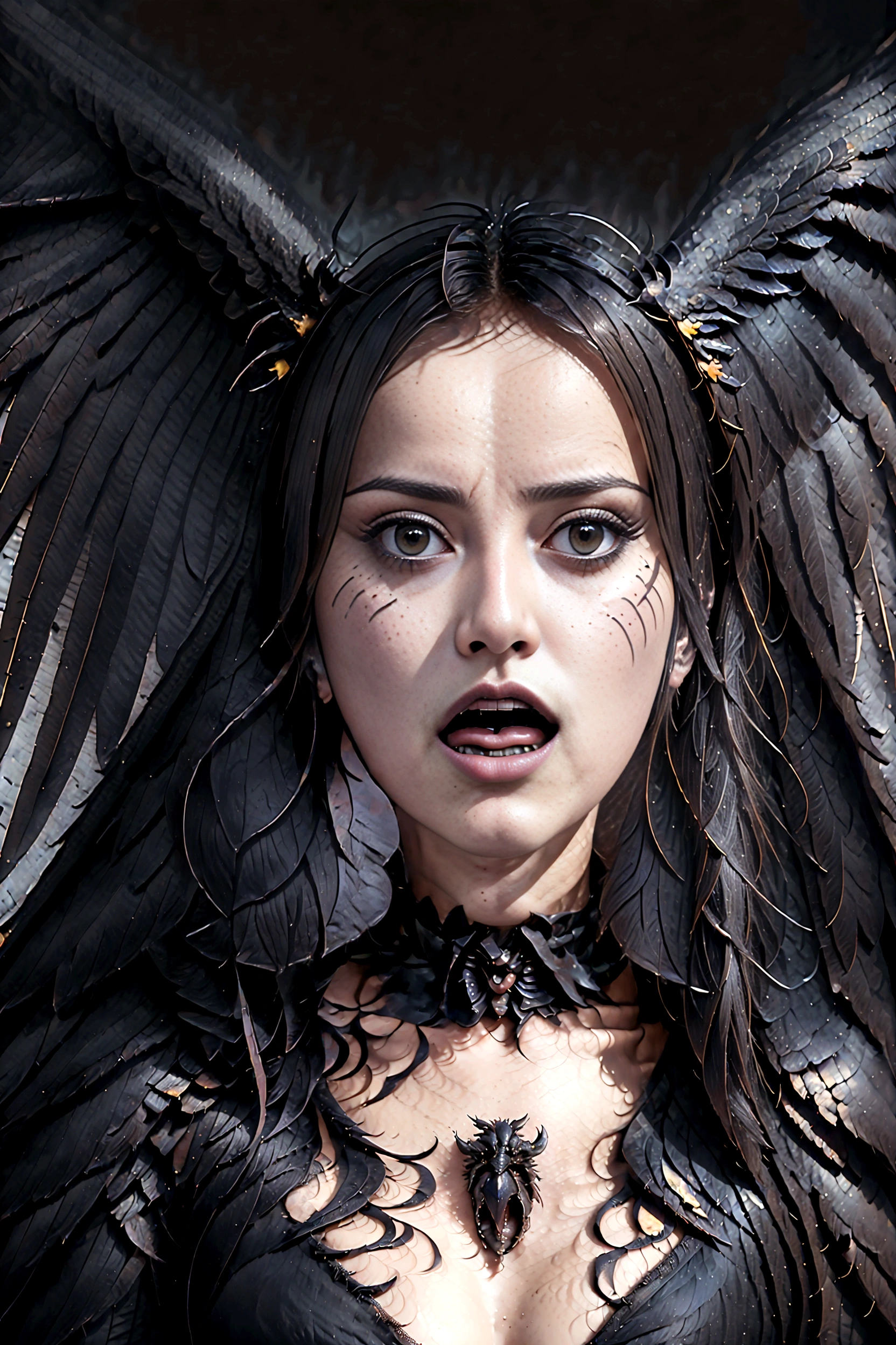 a close up of a person with a bird on their head, harpy, harpy woman, satanic wings, intense black line art, intense line art, screaming. not realistic, nightmare digital art, portrait of the death angel, artistic drawing of a crow, dark outlines, scary angry pose, dark but detailed digital art, anger. hyper detailed pussy, red nose is a big clit