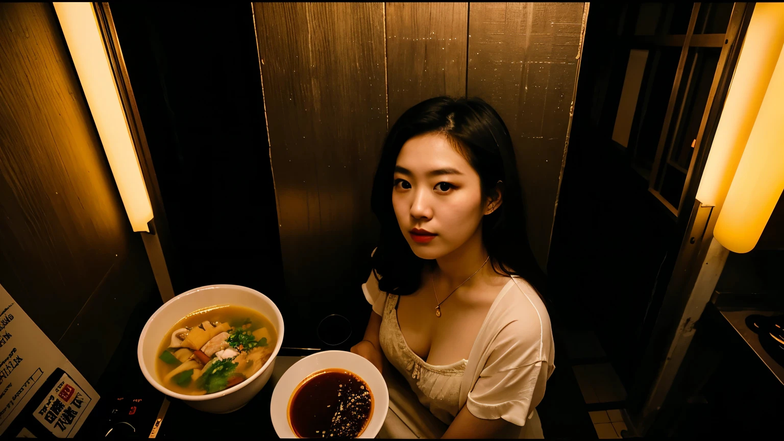 Camera captures from a high angle above, Eerie Vivid images of Korean American pop star Elara K in a small claustrophobic ramen bar in the night, she is filming shots for a music video of sensual Korean lo-fi track, after-hours dark pop/raw folk beats, ethereal female vocal hooks, subtle trap, 비트박스