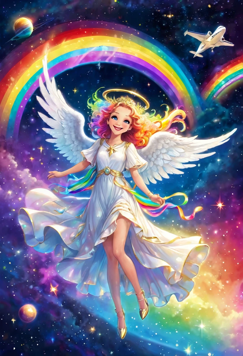 A beautiful angel is guiding a luxury cruise ship flying through space, rainbow colored lights, smiles, smiles.