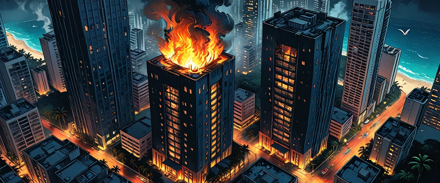 burning lonely skyscraper, fire at the bottom, smoke, 
(outside of a skyscraper), night, dark, 
the light is only from a 1skyscraper, tropical, top view, palm, ((bird's-eye view)),
skyscraper, (tropical island), ocean, tropical forest, graphic style of novel comics,  2d, 8k, hyperrealism, masterpiece, high resolution, best quality, ultra-detailed, super realistic, Hyperrealistic art, high-quality, ultra high res, highest detailed, lot of details, Extremely high-resolution details, incredibly lifelike, colourful, soft cinematic light,