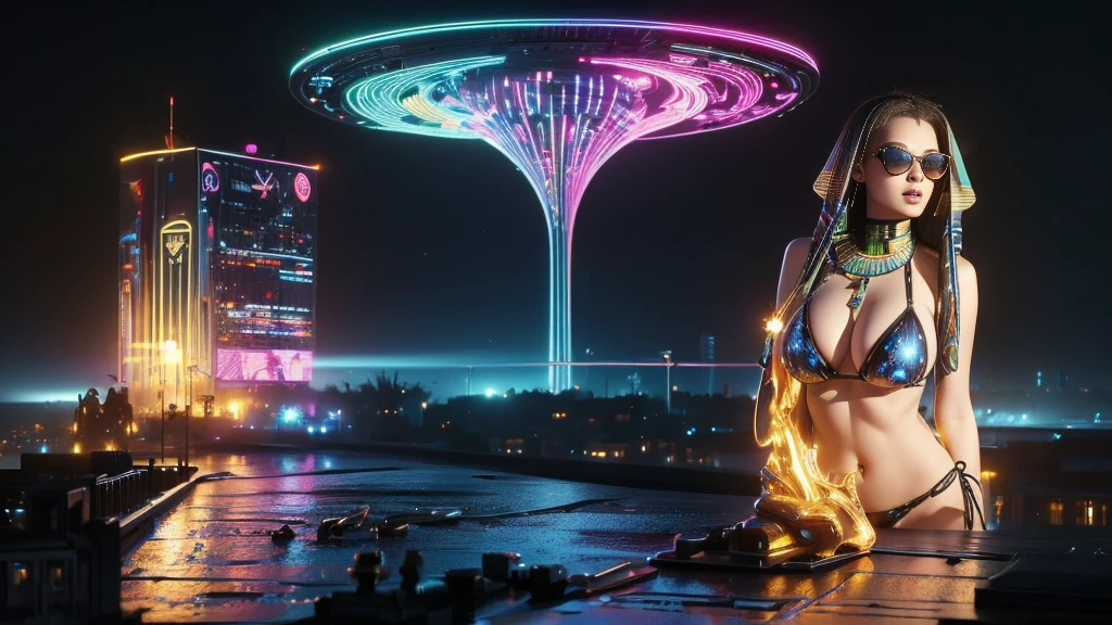 (((a large-breast bikini slim GIRL with black micro sunglasses))), (((aiming at viewer with a pistol))), a balcony of a futuristic building, aerial view of an ultra-futuristic megalopolis, many metal buildings and houses in dark colors from dark blue to black, a cidade tem tons de cinza metal, has smoky metal structures , industrial environment with smoke and fog around, carros escuros nas ruas, desert megalopolis, trilhos e trens modernos de de metal passando estre as ruas da cidade, tall futuristic metal buildings, many ultra modern buildings around, (((an Egypt sphinx statue on the top of building))), realistic, detailed, sci-fi.
