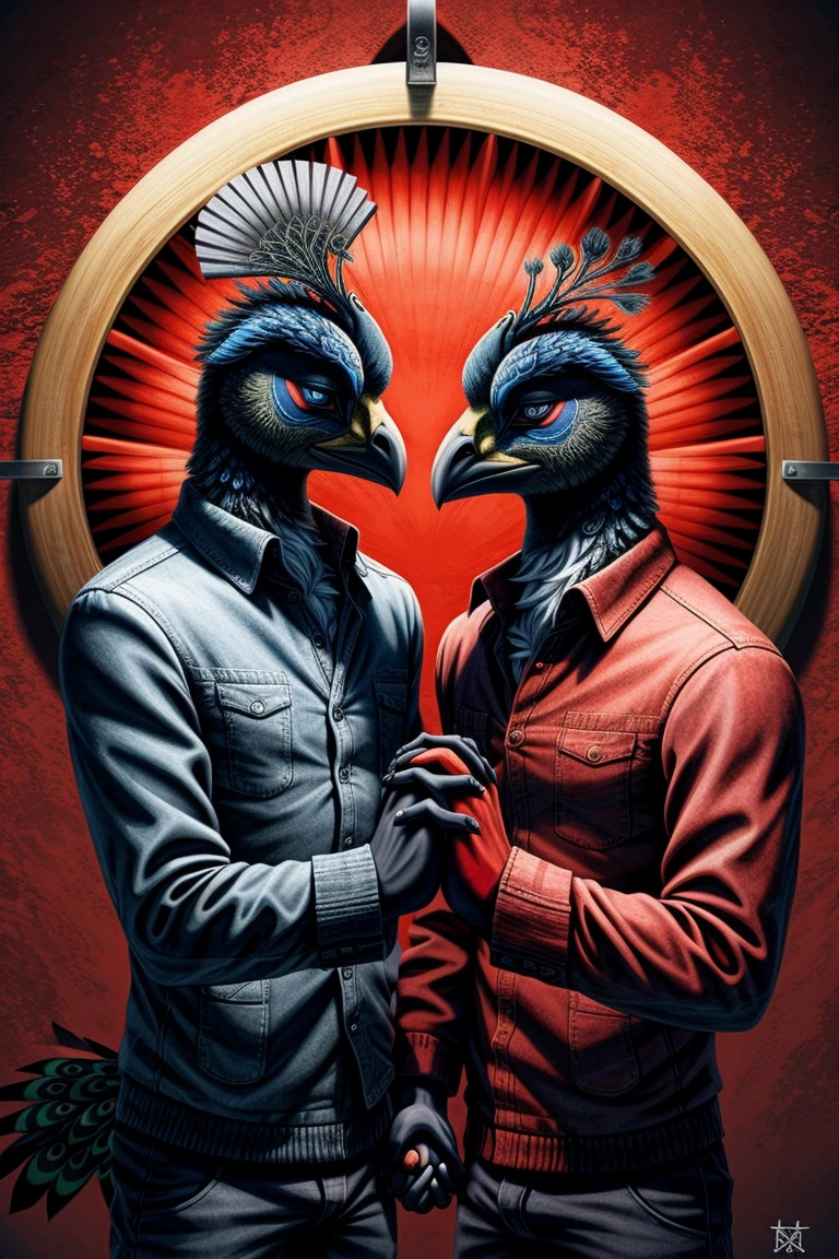 furry，male，Black peacock，Red texture，mystery，High and cold，Very handsome，Hand holding folding fan