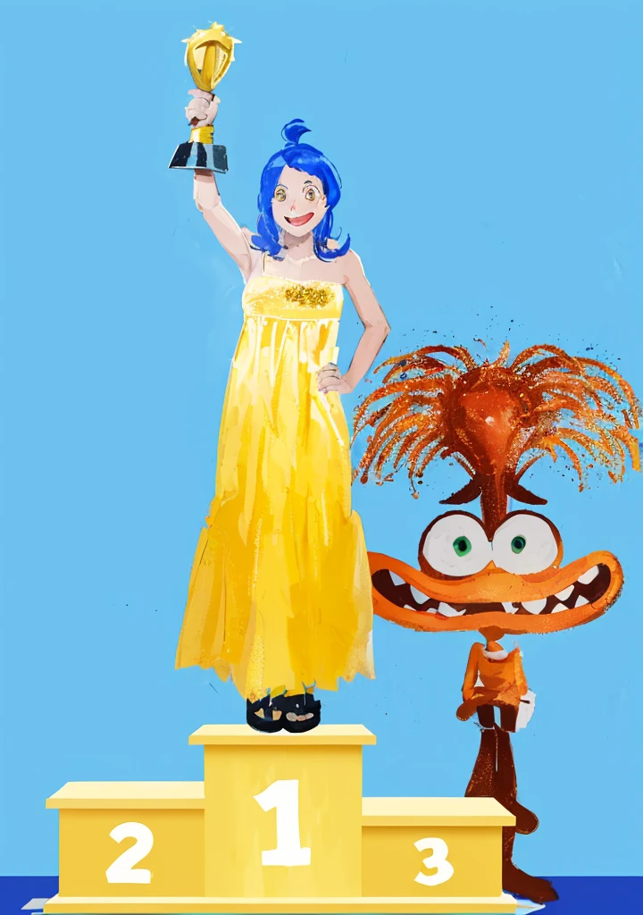 A in a yellow dress stands on a yellow block, holding a trophy, with her arms raised in victory. Next to her is a сartoon character, who is also standing on a yellow block. cartoon 2d style