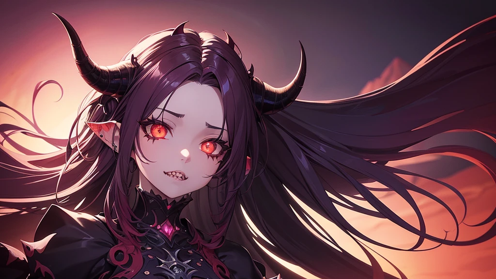 a beautiful anime solo devil girl, highly detailed facial features, piercing eyes, sharp teeth, horns, flowing hair, detailed intricate costume, dark mysterious background, dramatic lighting, cinematic composition, vibrant colors, digital art, concept art style