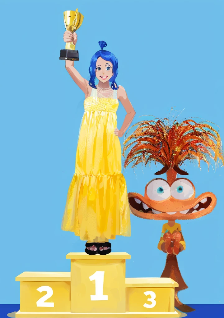 A in a yellow dress stands on a yellow block, holding a trophy, with her arms raised in victory. Next to her is a сartoon character, who is also standing on a yellow block. cartoon 2d style anime