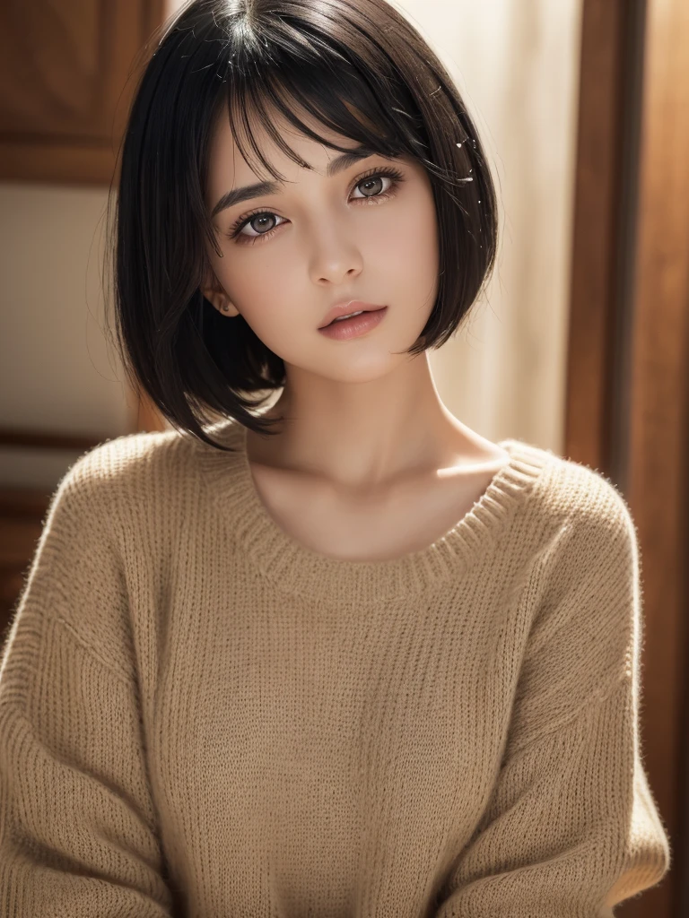 (masterpiece:1.3), (8k, photorealistic, RAW photo, best quality: 1.4), (1girl), beautiful face, (realistic face), (black hair, short hair:1.3), beautiful hairstyle, realistic eyes, beautiful detailed eyes, (realistic skin), beautiful skin, (sweater), absurdres, attractive, ultra high res, ultra realistic, highly detailed, golden ratio, topless, nsfw