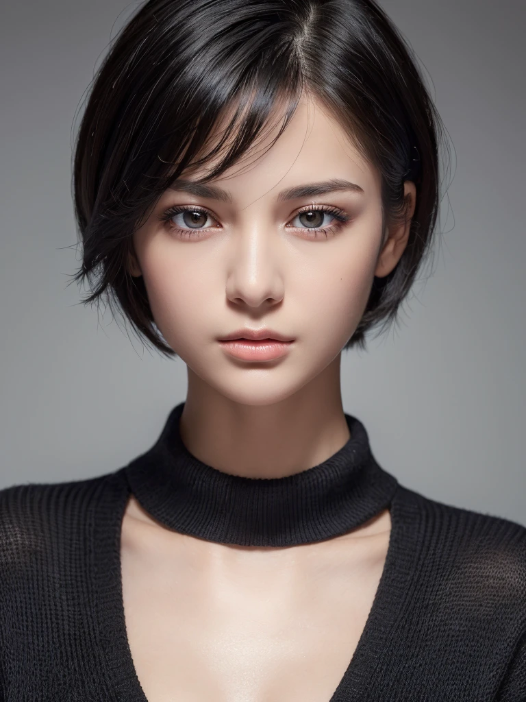 (masterpiece:1.3), (8k, photorealistic, RAW photo, best quality: 1.4), (1girl), beautiful face, (realistic face), (black hair, short hair:1.3), beautiful hairstyle, realistic eyes, beautiful detailed eyes, (realistic skin), beautiful skin, (sweater), absurdres, attractive, ultra high res, ultra realistic, highly detailed, golden ratio, topless, nsfw