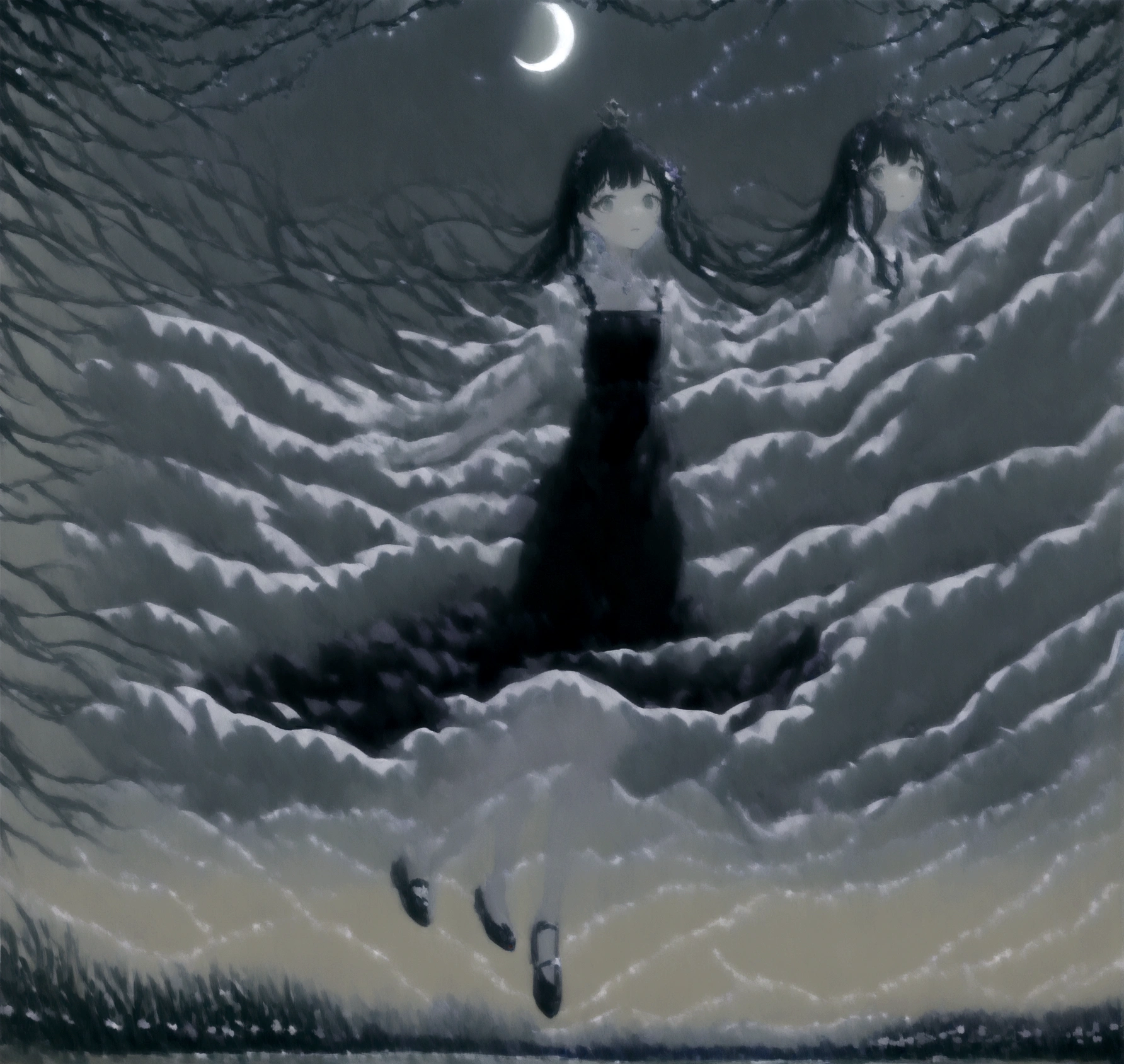 An anime-style image to match the song titled "月の光" with lyrics about the moonlight, gentle wind, and soothing sounds of the night. The image should feature a serene night scene with a bright, full moon shining in a clear starry sky. A calm ocean reflecting the moonlight, gentle waves lapping at the shore, and a soft breeze rustling through the trees. Include an anime-style character standing by the shore, looking up at the moon with a peaceful expression, as if they are lost in the beauty of the moment. The overall atmosphere should be tranquil and soothing, capturing the essence of the lyrics.