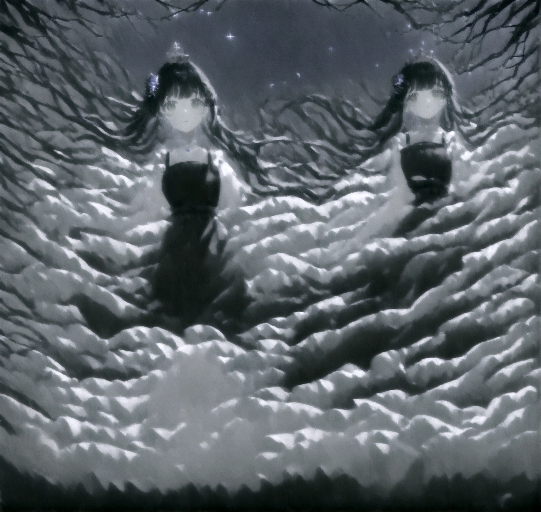 An anime-style image to match the song titled "月の光" with lyrics about the moonlight, gentle wind, and soothing sounds of the night. The image should feature a serene night scene with a bright, full moon shining in a clear starry sky. A calm ocean reflecting the moonlight, gentle waves lapping at the shore, and a soft breeze rustling through the trees. Include an anime-style character standing by the shore, looking up at the moon with a peaceful expression, as if they are lost in the beauty of the moment. The overall atmosphere should be tranquil and soothing, capturing the essence of the lyrics.