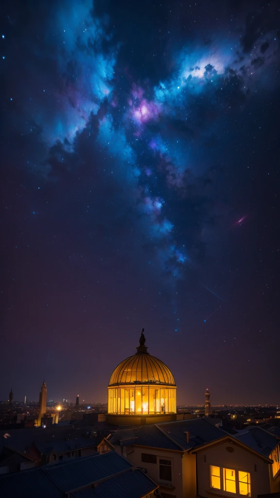 Glass dome, a woman Admiring the dome, illuminated  fantasy city, light behind the woman, against light, hyper details, maximum resolution 32k ultra, UHD, masterpiece, exaggerated lights, fantasy city, art style, Nebula in the sky, 