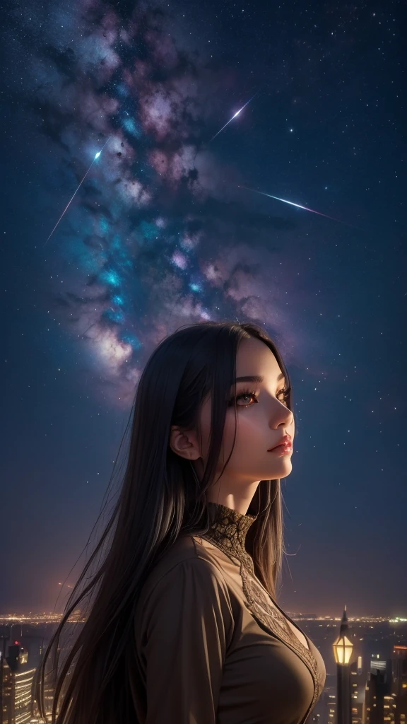 Glass dome, a woman Admiring the dome, illuminated fantasy city, light behind the woman, against light, hyper details, maximum resolution 32k ultra, UHD, masterpiece, exaggerated lights, fantasy city, art style, Nebula in the sky,