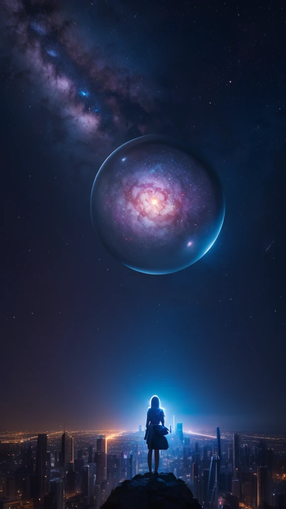 Glass dome, a woman Admiring the dome, illuminated fantasy city, light behind the woman, against light, hyper details, maximum resolution 32k ultra, UHD, masterpiece, exaggerated lights, fantasy city, art style, Nebula in the sky,