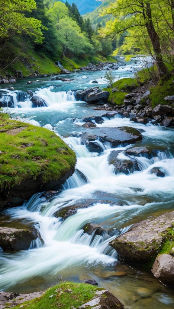 High resolution landscape photography。The theme is a mountain river in early spring。The melting snow flows vigorously、The river water is clear and cold、The sunlight is reflected and shining。There is still a little snow on both sides of the river.、Fresh green grass and trees々is emerging。Snow-capped mountains in the distance々I can see、The blue sky is spreading。The river flows fast、There are small waterfalls and rapids here and there.、Feel the power of nature。The overall atmosphere is fresh and refreshing.。