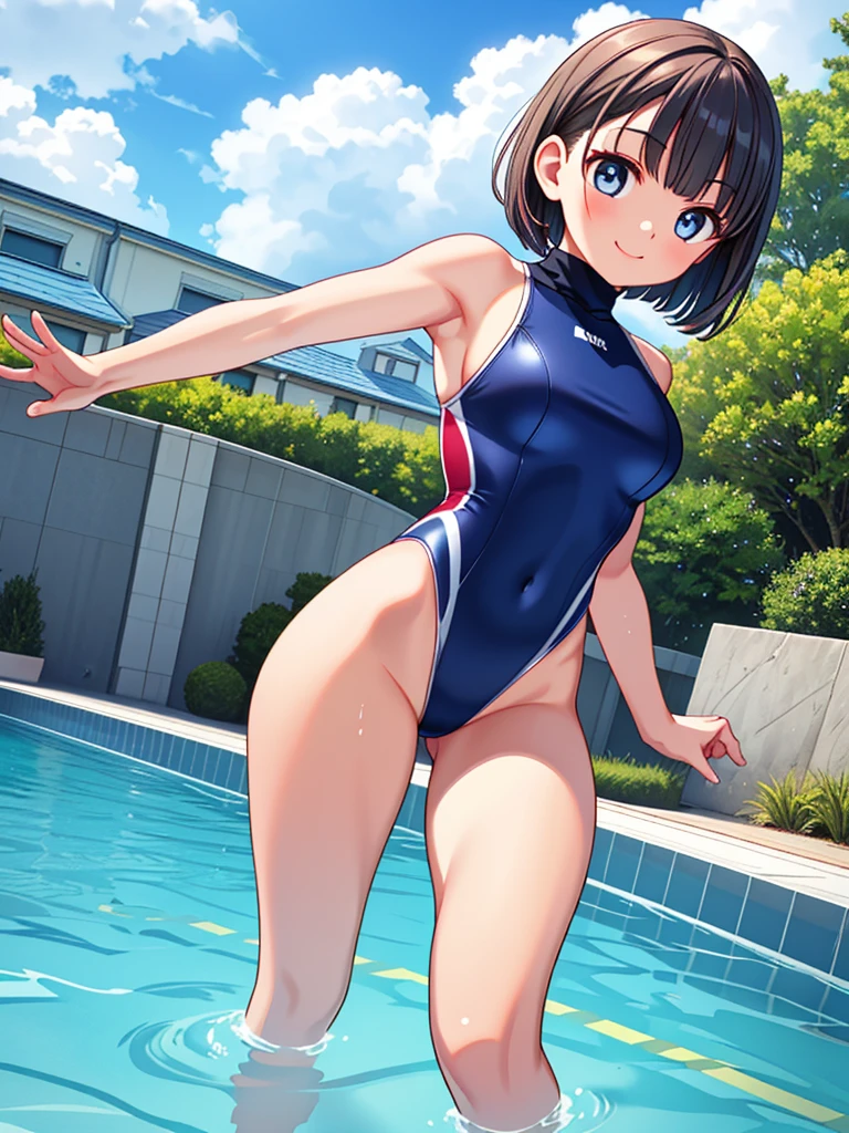 Highest quality, masterpiece, Ultra-high resolution, (Realistic:1.4), RAW Photos, Intricate details, Big beautiful eyes, Perfect contours, masterpiece, One Girl, ((A young female college student))Braided Bob, chest is medium size, Competitive swimmer, (one piece, turtleneck,Sleeveless swimsuit), Clear metallic red swimsuit, tight high leg swimsuit, ((back view:1.3, looking over shoulder:1.3, shoot from below:1.3)), Portraiture, View your viewers, Outdoor swimming pool, Partially submerged, Wet Skin, smile, (Underarm)